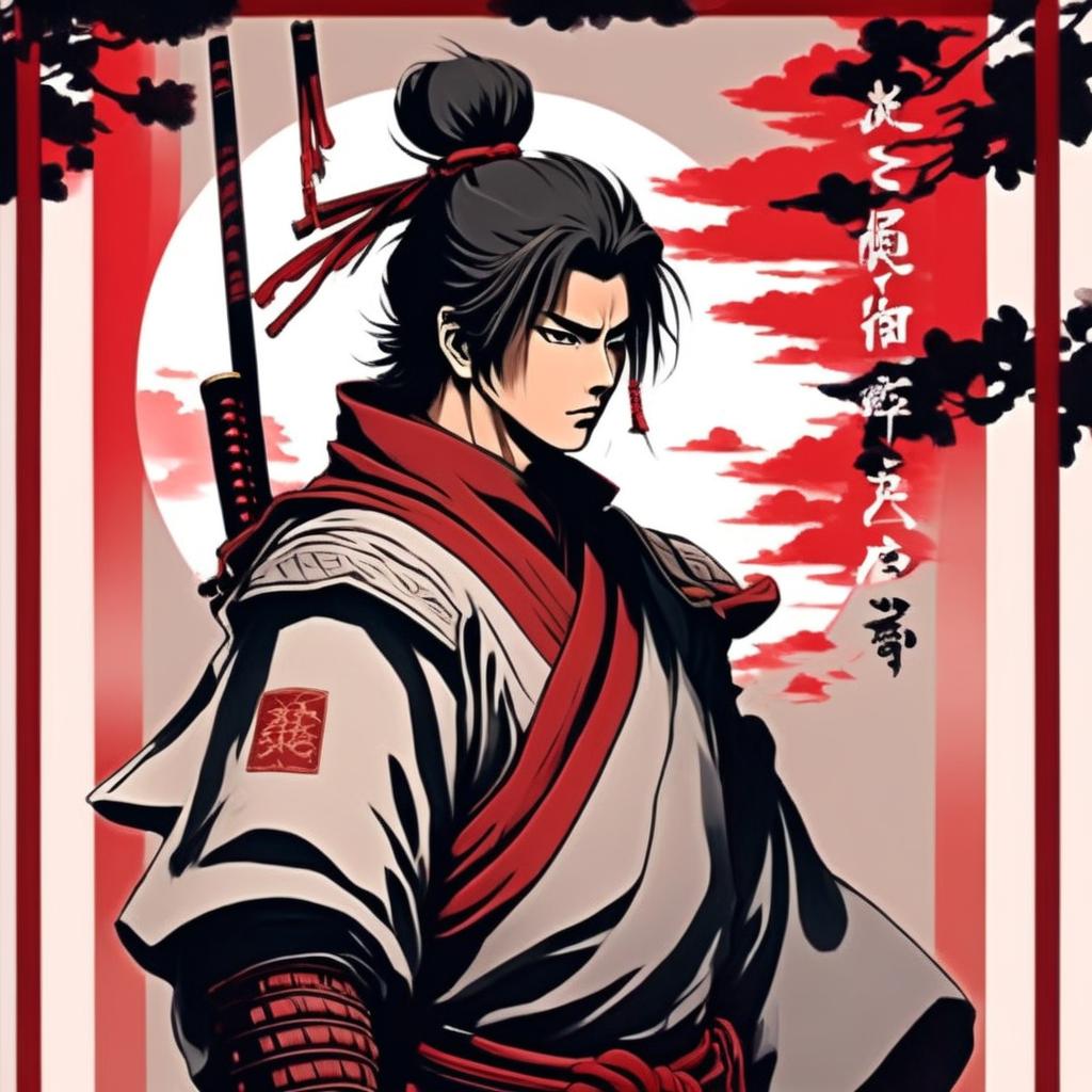 Anime art of a samurai gazing into the distance, framed by a red ink border.