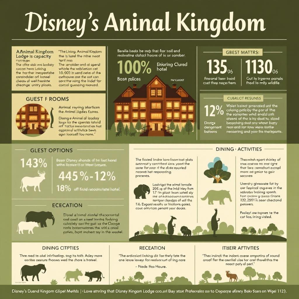 A stylish infographic with a magazine vibe showcasing detailed metrics and statistics about Disney's Animal Kingdom Lodge hotel