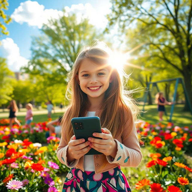 A young girl with a bright smile, holding a smartphone in her hand, standing in a sunny park filled with vibrant flowers and green trees