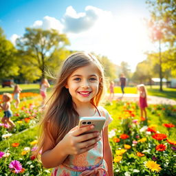 A young girl with a bright smile, holding a smartphone in her hand, standing in a sunny park filled with vibrant flowers and green trees