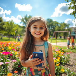 A young girl with a bright smile, holding a smartphone in her hand, standing in a sunny park filled with vibrant flowers and green trees