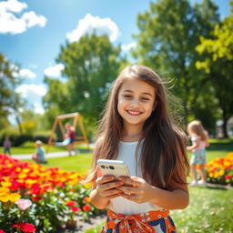 A young girl with a bright smile, holding a smartphone in her hand, standing in a sunny park filled with vibrant flowers and green trees