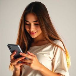 A young woman with long flowing hair, wearing a casual outfit, holding a smartphone in her hand, looking intently at the screen