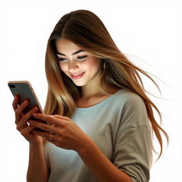 A young woman with long flowing hair, wearing a casual outfit, holding a smartphone in her hand, looking intently at the screen