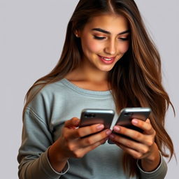 A young woman with long flowing hair, wearing a casual outfit, holding a smartphone in her hand, looking intently at the screen