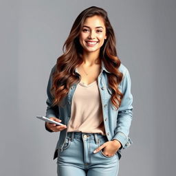 A full-body portrait of a young woman with long, wavy hair, wearing a stylish, casual outfit