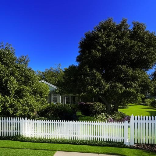 A welcoming, serene, and beautiful house with a lush green yard and a white picket fence, set against a backdrop of azure sky