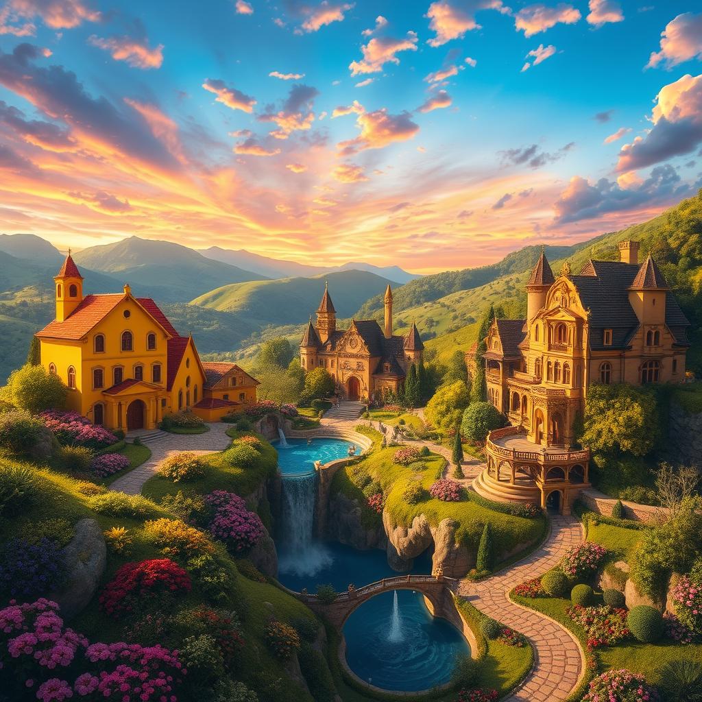 A captivating and mystical scene depicting the three villages: Aldeia Amarela, a vibrant yellow village with sunny houses and blooming flowers; Aldeia Diamante, a sparkling village filled with shimmering gems and crystal-clear water features; Aldeia dos Ricos, an opulent village with grand mansions, lush greenery, and golden accents