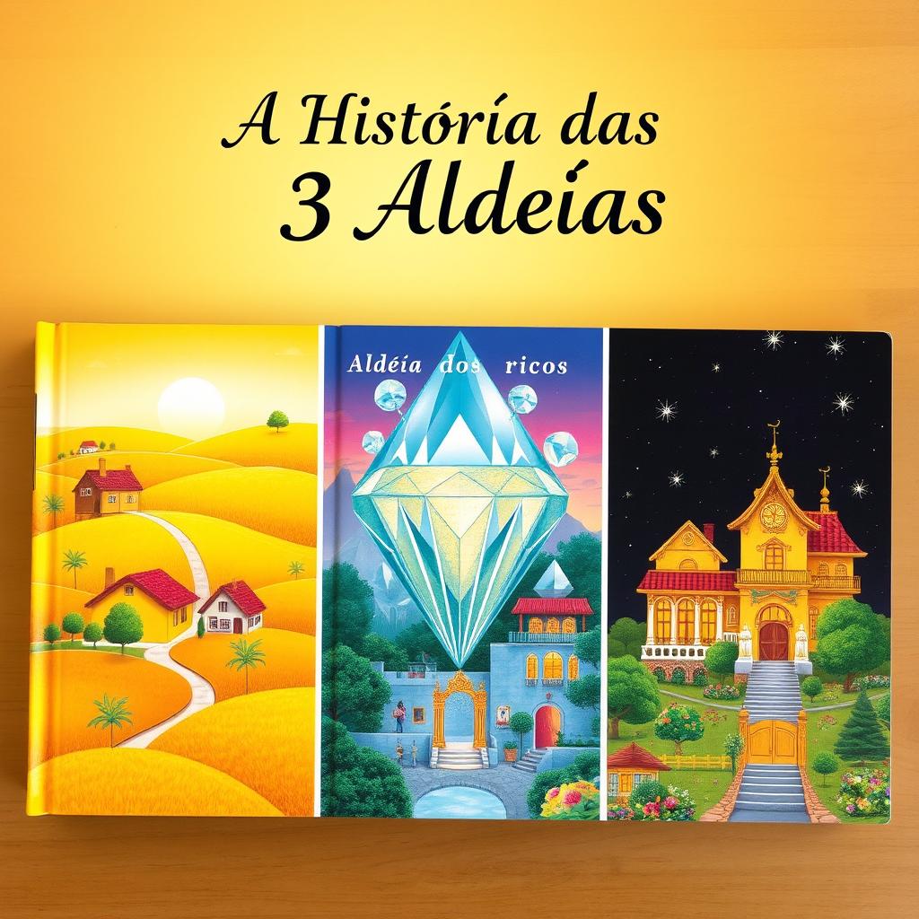 A captivating book cover illustrating the story of three villages: Aldeia Amarela (Yellow Village) with vibrant yellow fields and charming cottages, Aldeia Diamante (Diamond Village) featuring glistening diamond-like structures and a serene atmosphere, and Aldeia dos Ricos (Rich Village) showcasing luxurious houses adorned with gold accents and lush gardens