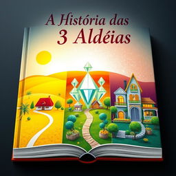 A captivating book cover illustrating the story of three villages: Aldeia Amarela (Yellow Village) with vibrant yellow fields and charming cottages, Aldeia Diamante (Diamond Village) featuring glistening diamond-like structures and a serene atmosphere, and Aldeia dos Ricos (Rich Village) showcasing luxurious houses adorned with gold accents and lush gardens