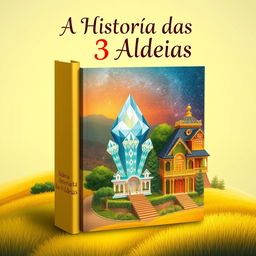 A captivating book cover illustrating the story of three villages: Aldeia Amarela (Yellow Village) with vibrant yellow fields and charming cottages, Aldeia Diamante (Diamond Village) featuring glistening diamond-like structures and a serene atmosphere, and Aldeia dos Ricos (Rich Village) showcasing luxurious houses adorned with gold accents and lush gardens