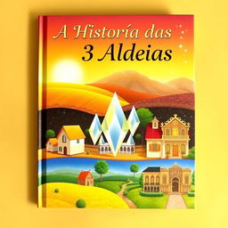 A captivating book cover illustrating the story of three villages: Aldeia Amarela (Yellow Village) with vibrant yellow fields and charming cottages, Aldeia Diamante (Diamond Village) featuring glistening diamond-like structures and a serene atmosphere, and Aldeia dos Ricos (Rich Village) showcasing luxurious houses adorned with gold accents and lush gardens