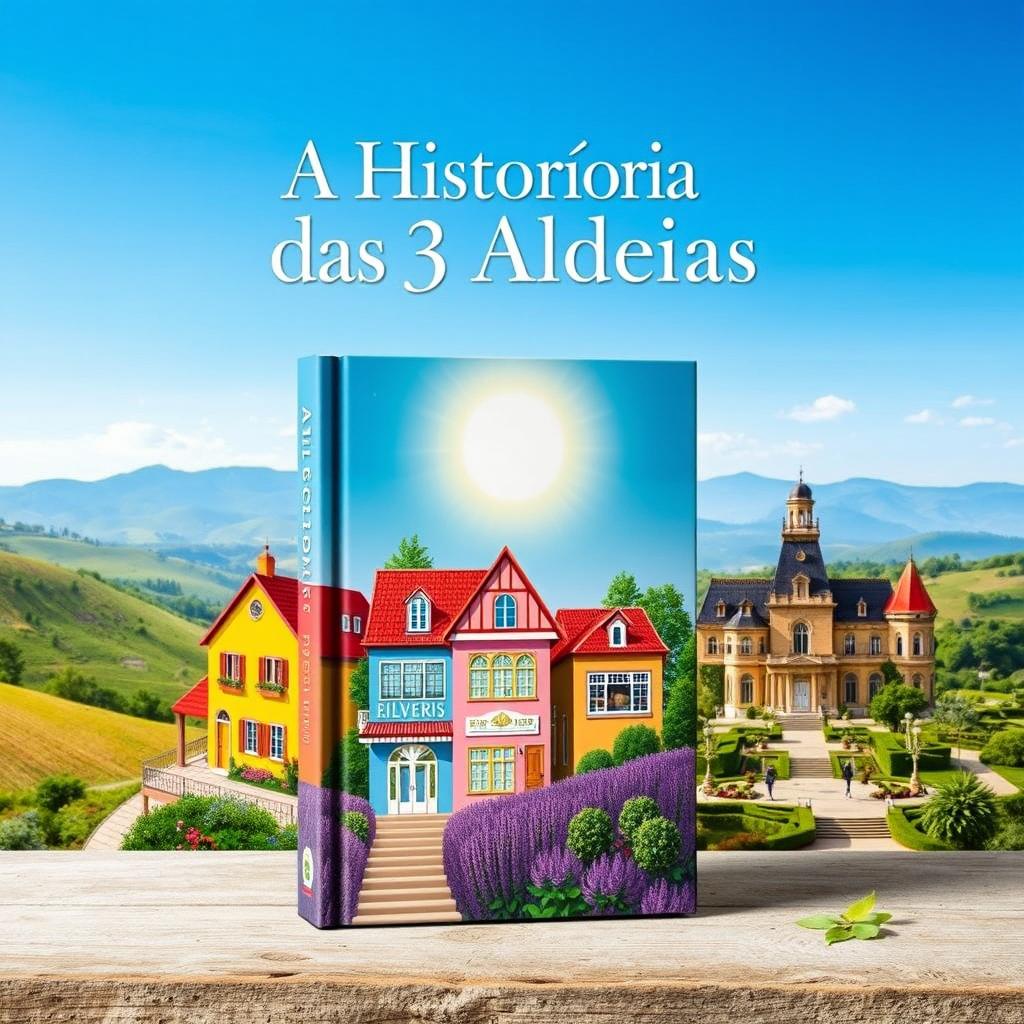 A captivating book cover for 'A História das 3 Aldeias', featuring three distinct villages: Aldeia Amarela with vibrant yellow houses adorned with flowers, Aldeia Diamante showcasing diamond-like sparkling buildings under a bright sun, and Aldeia dos Ricos with luxurious, opulent mansions surrounded by lush gardens