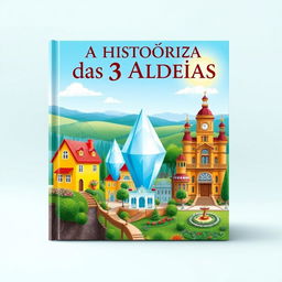 A captivating book cover for 'A História das 3 Aldeias', featuring three distinct villages: Aldeia Amarela with vibrant yellow houses adorned with flowers, Aldeia Diamante showcasing diamond-like sparkling buildings under a bright sun, and Aldeia dos Ricos with luxurious, opulent mansions surrounded by lush gardens