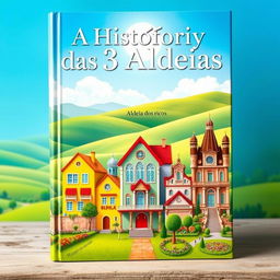 A captivating book cover for 'A História das 3 Aldeias', featuring three distinct villages: Aldeia Amarela with vibrant yellow houses adorned with flowers, Aldeia Diamante showcasing diamond-like sparkling buildings under a bright sun, and Aldeia dos Ricos with luxurious, opulent mansions surrounded by lush gardens