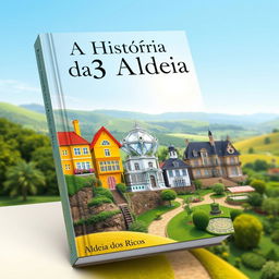 A captivating book cover for 'A História das 3 Aldeias', featuring three distinct villages: Aldeia Amarela with vibrant yellow houses adorned with flowers, Aldeia Diamante showcasing diamond-like sparkling buildings under a bright sun, and Aldeia dos Ricos with luxurious, opulent mansions surrounded by lush gardens