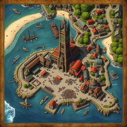 A detailed map of a coastal port town, featuring a vibrant market square at the center filled with colorful market stalls and bustling people