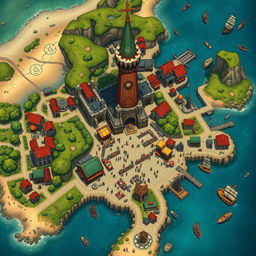 A detailed map of a coastal port town, featuring a vibrant market square at the center filled with colorful market stalls and bustling people