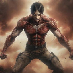 Generate an image highlighting Eren Yeager, the protagonist from 'Attack on Titan', in his full Titan form, amid a dramatic and intense battlefield setting.