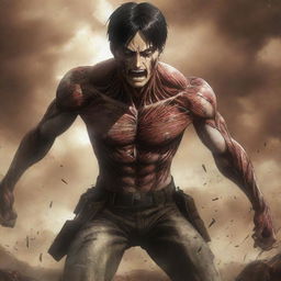 Generate an image highlighting Eren Yeager, the protagonist from 'Attack on Titan', in his full Titan form, amid a dramatic and intense battlefield setting.