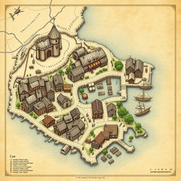 A detailed survey-style map of a medieval coastal port town, showcasing three open squares at distinct locations