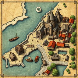 A detailed survey-style map of a medieval coastal port town, showcasing three open squares at distinct locations