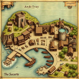 A detailed survey-style map of a medieval coastal port town, showcasing three open squares at distinct locations