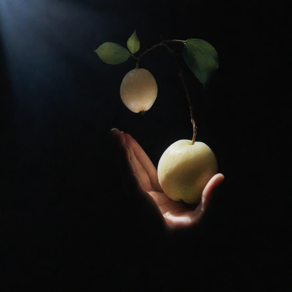 A magnificent hand emerging from the background, extending a luminescent white fruit that glows with a soft, ethereal light. The fruit stands out vividly against the dark backdrop.