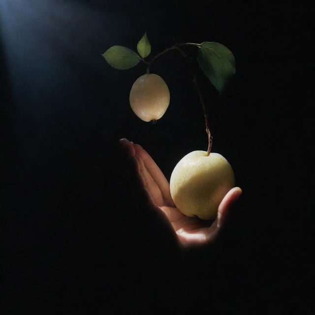 A magnificent hand emerging from the background, extending a luminescent white fruit that glows with a soft, ethereal light. The fruit stands out vividly against the dark backdrop.