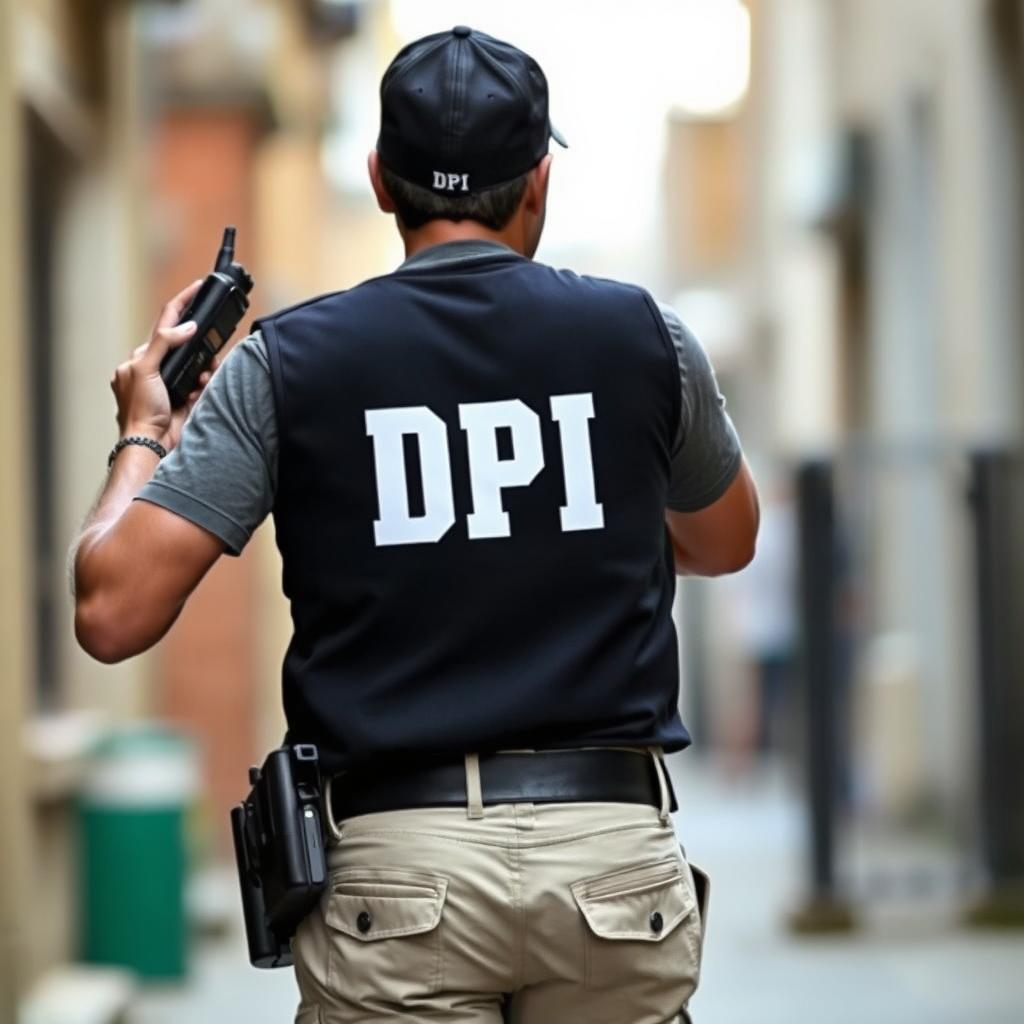 An investigator wearing a black vest labeled 'DPI' in white letters on the back, with a casual t-shirt underneath