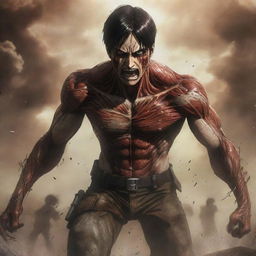 Generate an image highlighting Eren Yeager, the protagonist from 'Attack on Titan', in his full Titan form, amid a dramatic and intense battlefield setting.