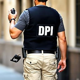 An investigator wearing a black vest labeled 'DPI' in white letters on the back, with a casual t-shirt underneath