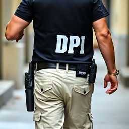 An investigator wearing a black vest labeled 'DPI' in white letters on the back, with a casual t-shirt underneath