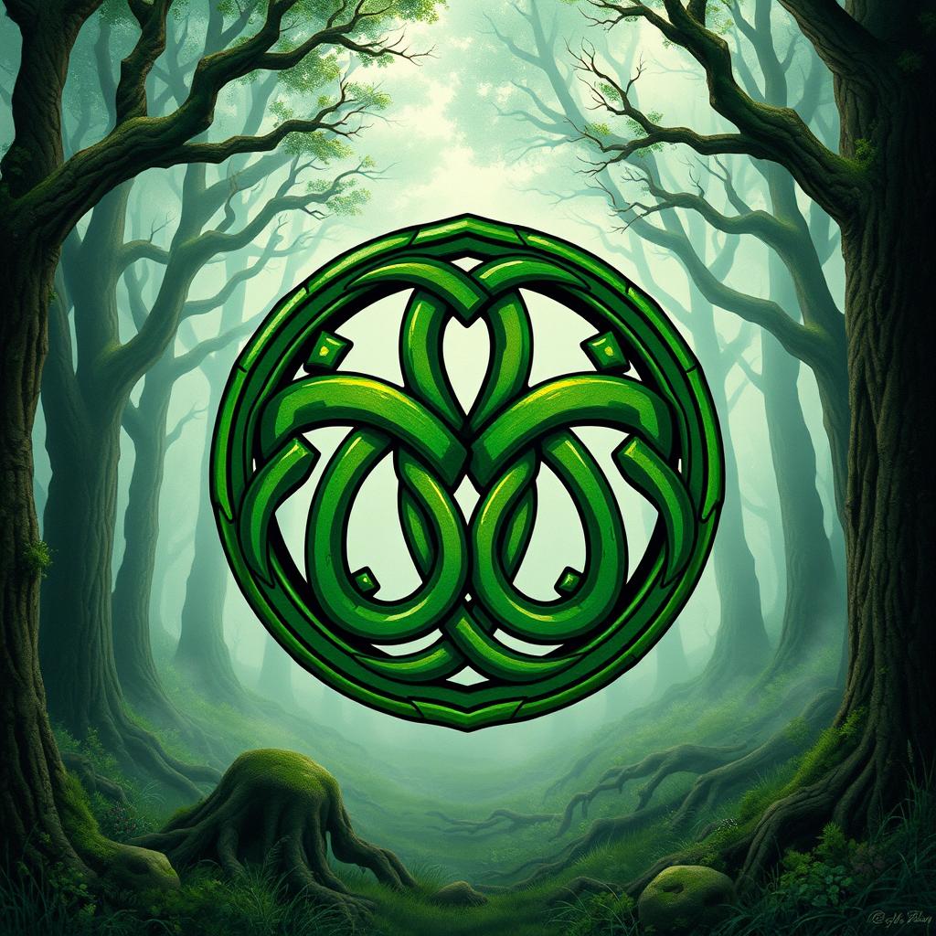 A detailed illustration of a Celtic symbol known as a 'Celtic Triskelion', intricately designed with knots and spirals, symbolizing unity and eternity