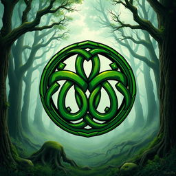 A detailed illustration of a Celtic symbol known as a 'Celtic Triskelion', intricately designed with knots and spirals, symbolizing unity and eternity