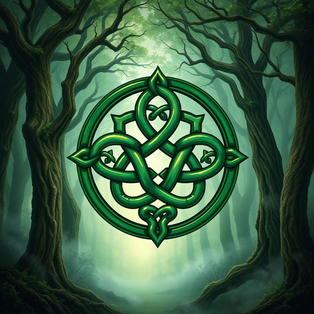 A detailed illustration of a Celtic symbol known as a 'Celtic Triskelion', intricately designed with knots and spirals, symbolizing unity and eternity