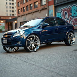 A modified Chevrolet Celta car featuring bold and striking tall wheels (taludas) that enhance its sporty appearance