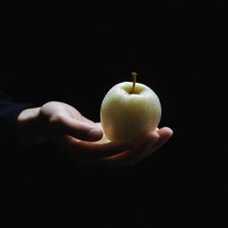 A magnificent hand emerging from the background, extending a luminescent white fruit that glows with a soft, ethereal light. The fruit stands out vividly against the dark backdrop.