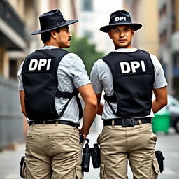 Two individuals dressed in matching investigative outfits featuring black vests labeled 'DPI' in white letters on the back, casual t-shirts underneath, cream-colored cargo pants with pockets, and tactical belts complete with pouches