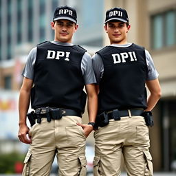 Two individuals dressed in matching investigative outfits featuring black vests labeled 'DPI' in white letters on the back, casual t-shirts underneath, cream-colored cargo pants with pockets, and tactical belts complete with pouches