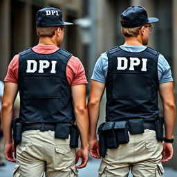 Two individuals dressed in matching investigative outfits featuring black vests labeled 'DPI' in white letters on the back, casual t-shirts underneath, cream-colored cargo pants with pockets, and tactical belts complete with pouches