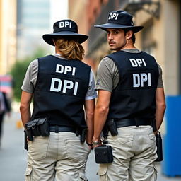 Two individuals dressed in matching investigative outfits featuring black vests labeled 'DPI' in white letters on the back, casual t-shirts underneath, cream-colored cargo pants with pockets, and tactical belts complete with pouches