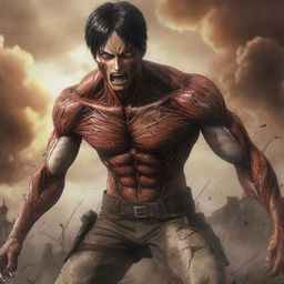 Generate an image highlighting Eren Yeager, the protagonist from 'Attack on Titan', in his full Titan form, amid a dramatic and intense battlefield setting.