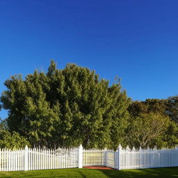 A welcoming, serene, and beautiful house with a lush green yard and a white picket fence, set against a backdrop of azure sky