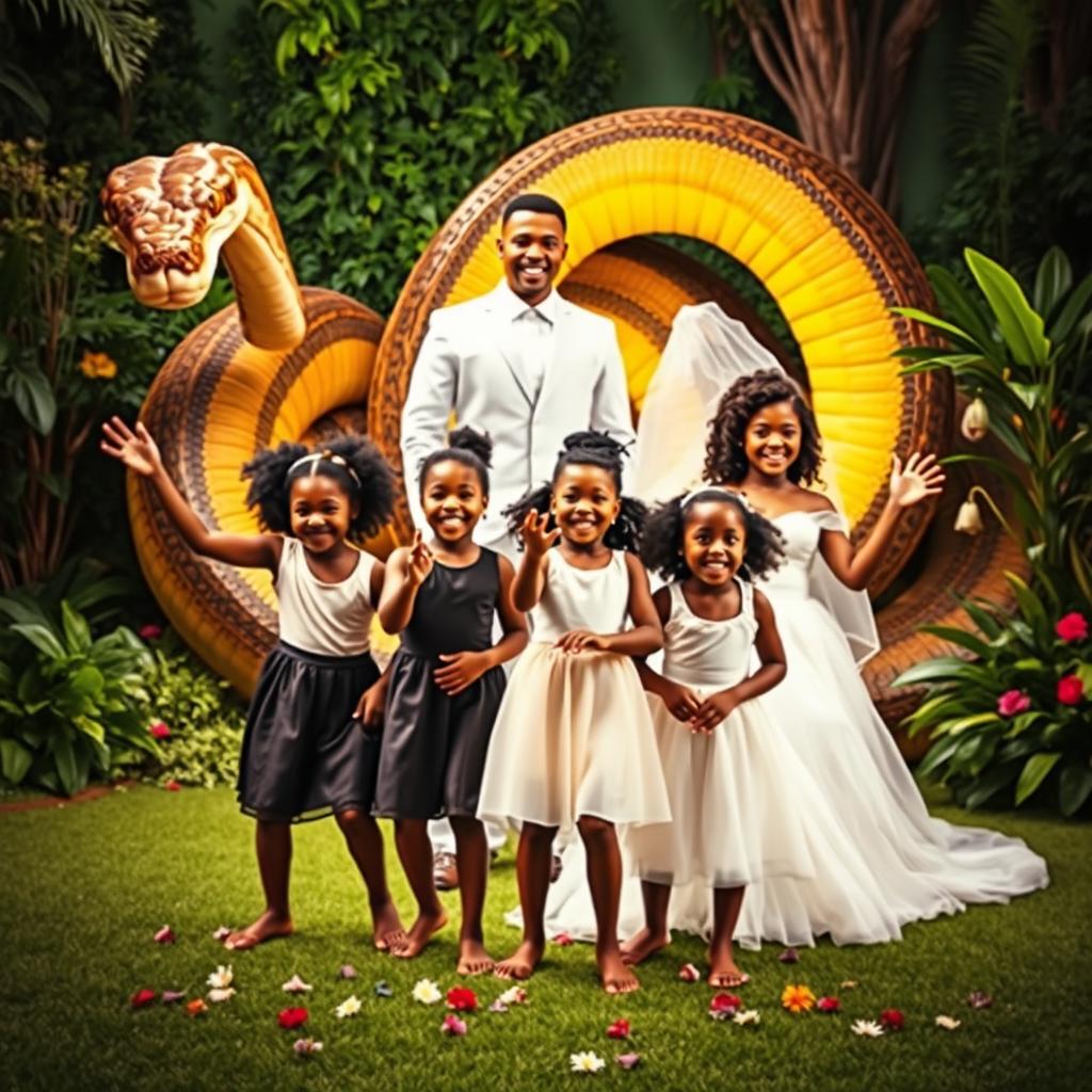 A dramatic scene featuring a large snake coiled in the background, a man dressed in white standing confidently alongside a beautiful bride