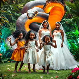 A dramatic scene featuring a large snake coiled in the background, a man dressed in white standing confidently alongside a beautiful bride