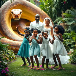 A dramatic scene featuring a large snake coiled in the background, a man dressed in white standing confidently alongside a beautiful bride