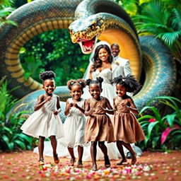 A dramatic scene featuring a large snake coiled in the background, a man dressed in white standing confidently alongside a beautiful bride