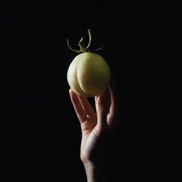 A magnificent hand emerging from the background, extending a luminescent white fruit that glows with a soft, ethereal light. The fruit stands out vividly against the dark backdrop.