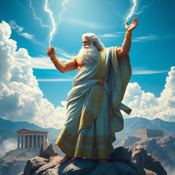 A magnificent portrayal of Zeus, the Greek god, standing majestically atop Mount Olympus